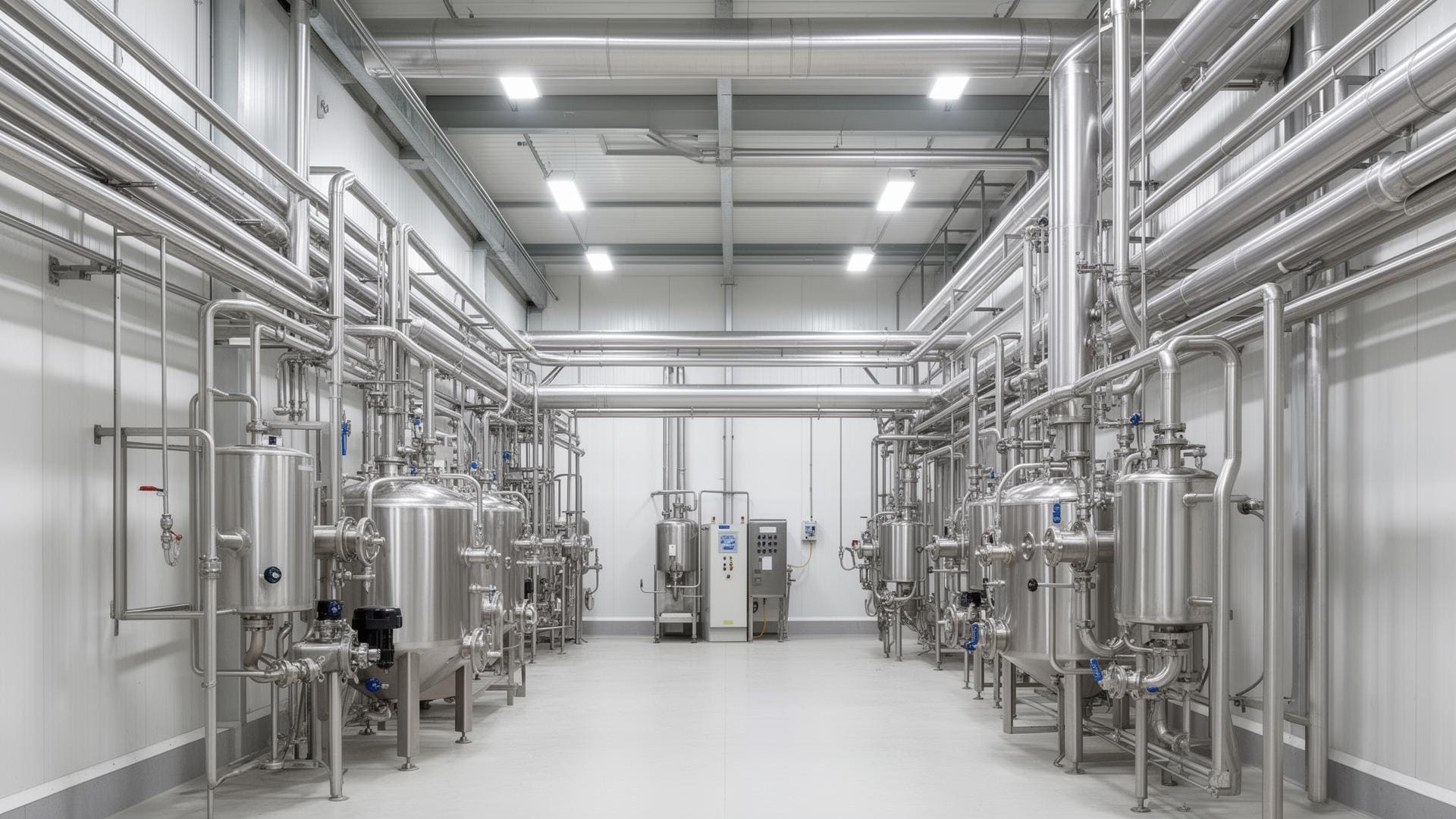Stainless steel sanitary piping in a modern food and beverage processing plant